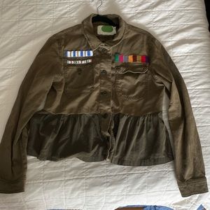 Anthropologie Peplum Beaded Military Jacket SZ M Green Embroidered